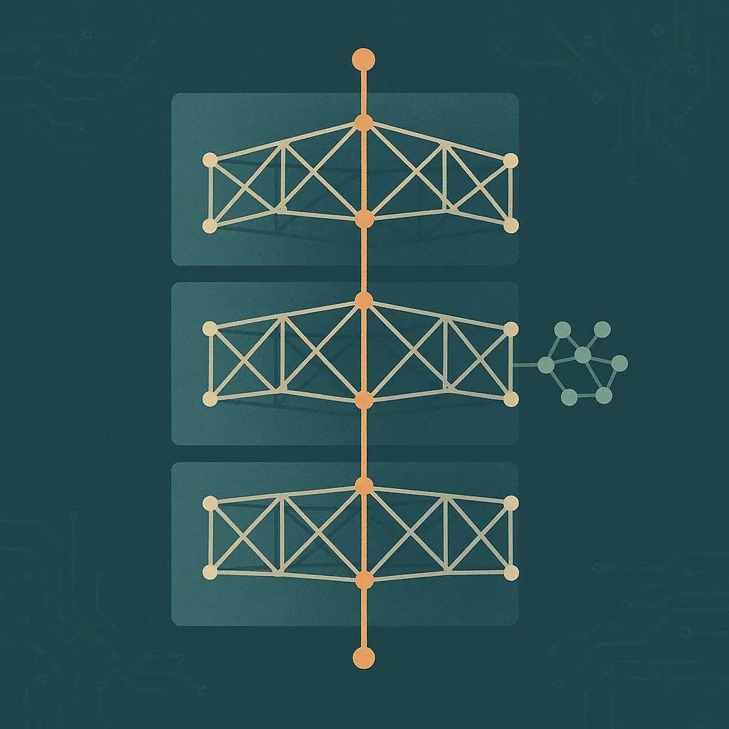 Abstract illustration of layered geometric lattices with amber signal paths threading through them, suggesting a speech model's hidden internal architecture