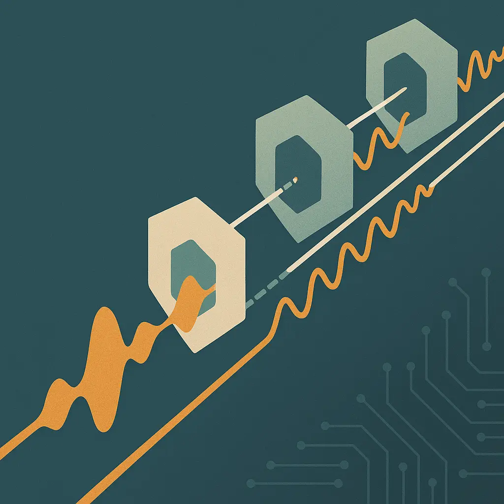 Abstract illustration of a single audio waveform splitting into parallel channel paths guarded by geometric shield-like shapes, in muted sage and amber on slate-teal