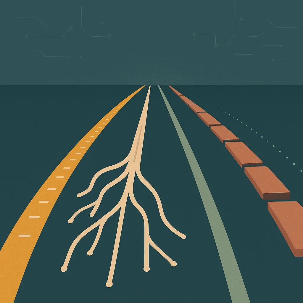 Abstract illustration of several distinct signal-flow paths of different lengths and thicknesses running side by side toward a horizon, evoking a comparison of competing transcription pipelines