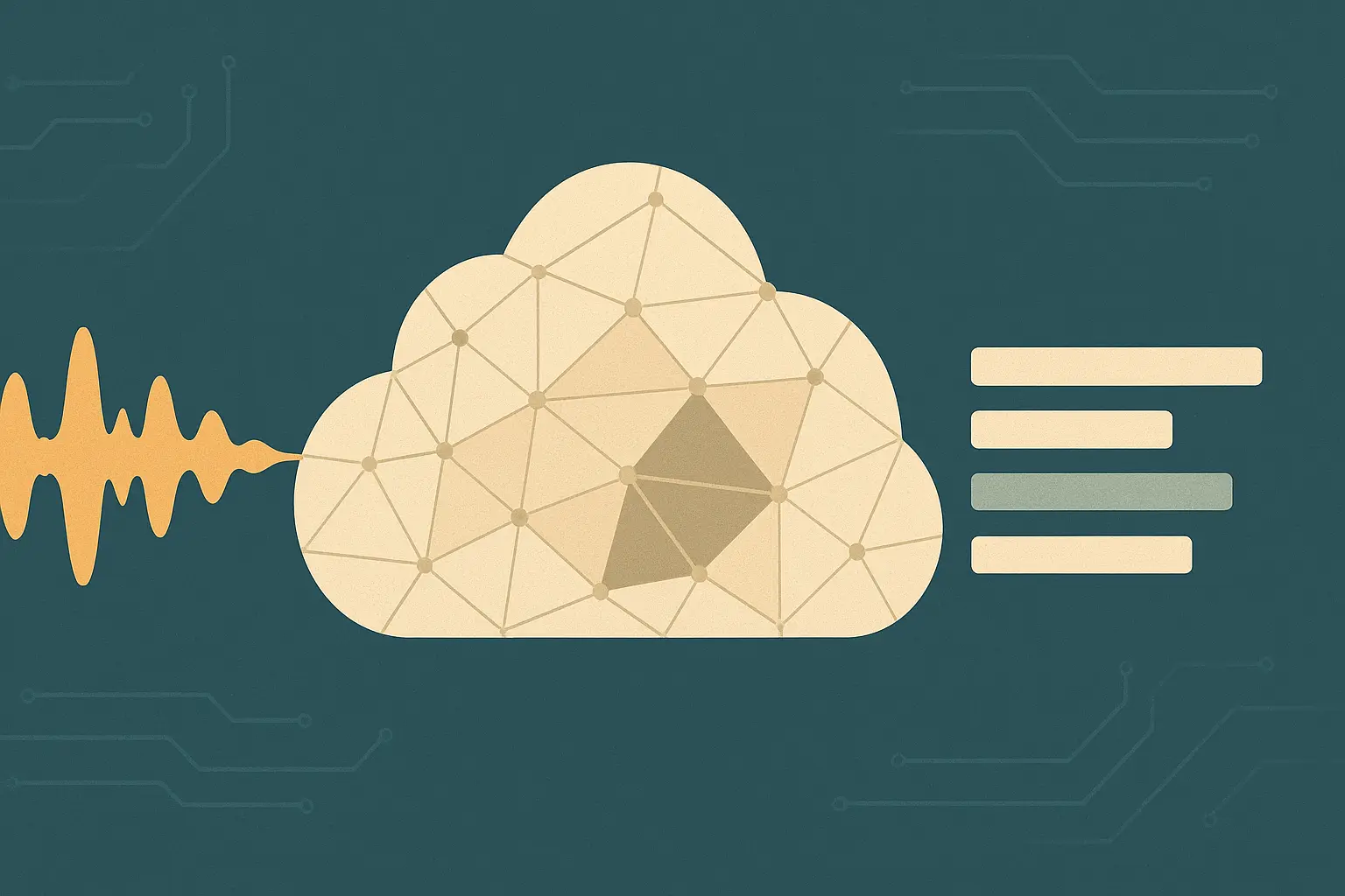 Abstract editorial illustration of a medical audio waveform flowing through a geometric cloud lattice into structured signal paths, in slate-teal and amber
