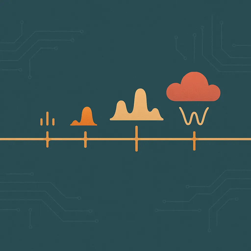 Timeline of Chirp 3 feature rollouts rendered as spaced amber signal pulses along a horizontal path