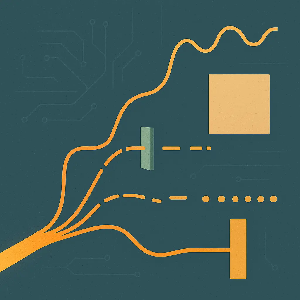 Abstract illustration of a branching signal path where some routes pass cleanly and others hit geometric obstructions, on a slate-teal field