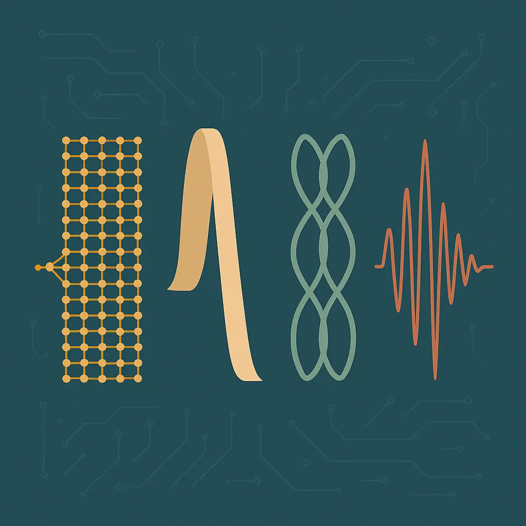 Four distinct abstract waveform signatures arranged side by side for comparison, each with a different geometric texture, in amber and sage on deep slate