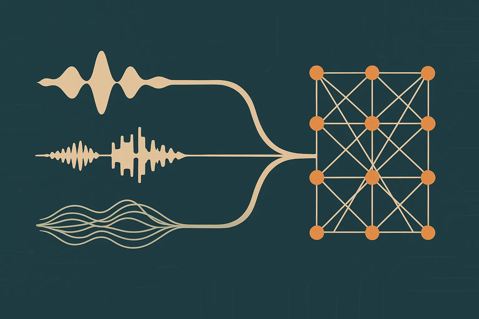 Abstract editorial illustration of three amber audio waveform streams converging into a single geometric lattice on a slate-teal background
