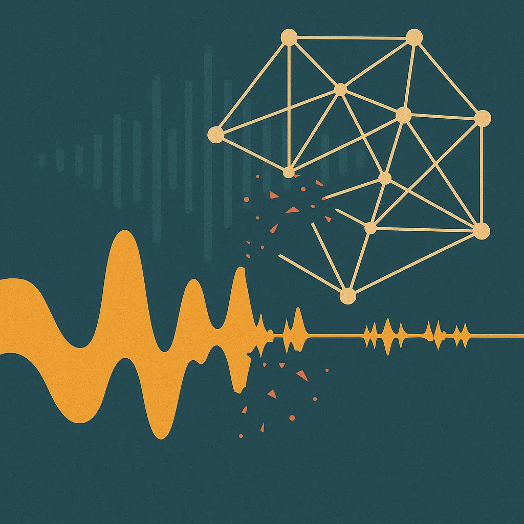Abstract illustration of a proper-noun failure: a clean waveform passing through a lattice where several nodes fracture into scattered fragments