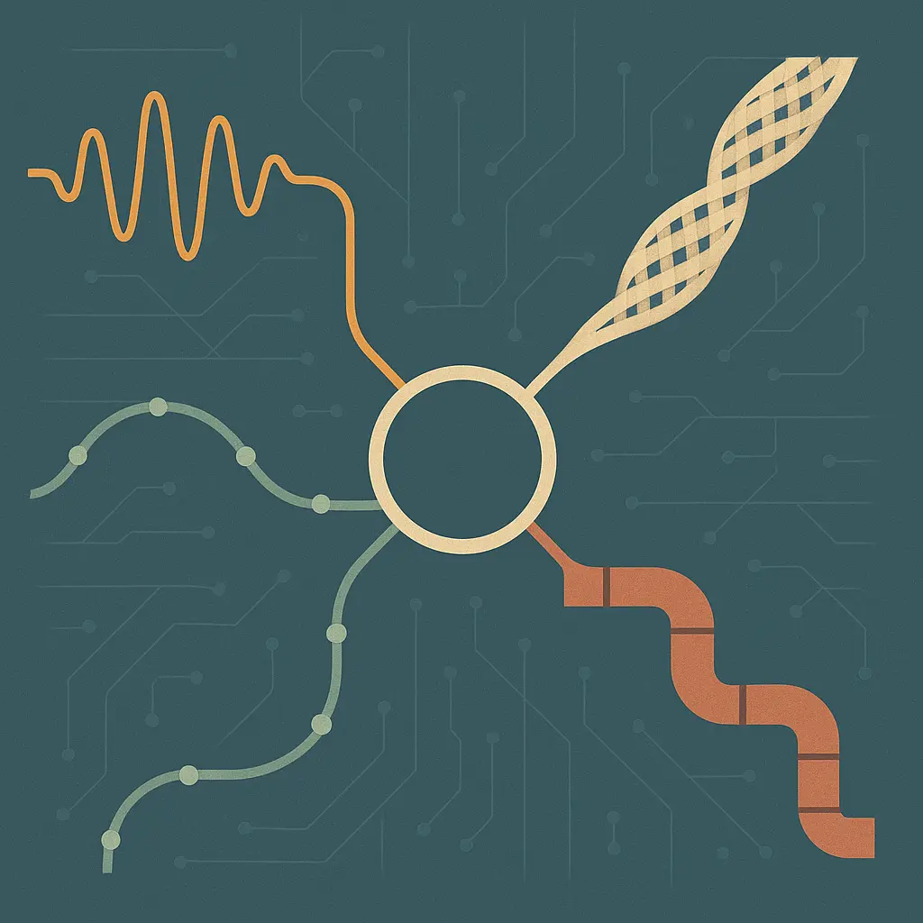 Illustration of four distinct signal paths of different weights and textures converging toward a single selection point, rendered as an abstract circuit map