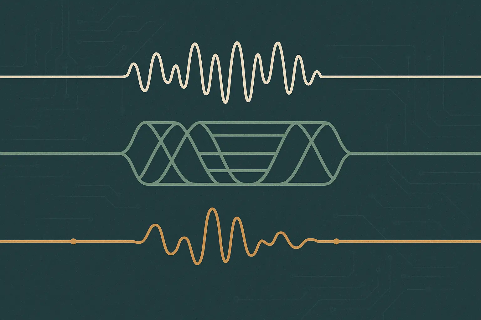 Abstract illustration of an older, simpler audio waveform path running parallel to newer, denser signal paths on a slate-teal background