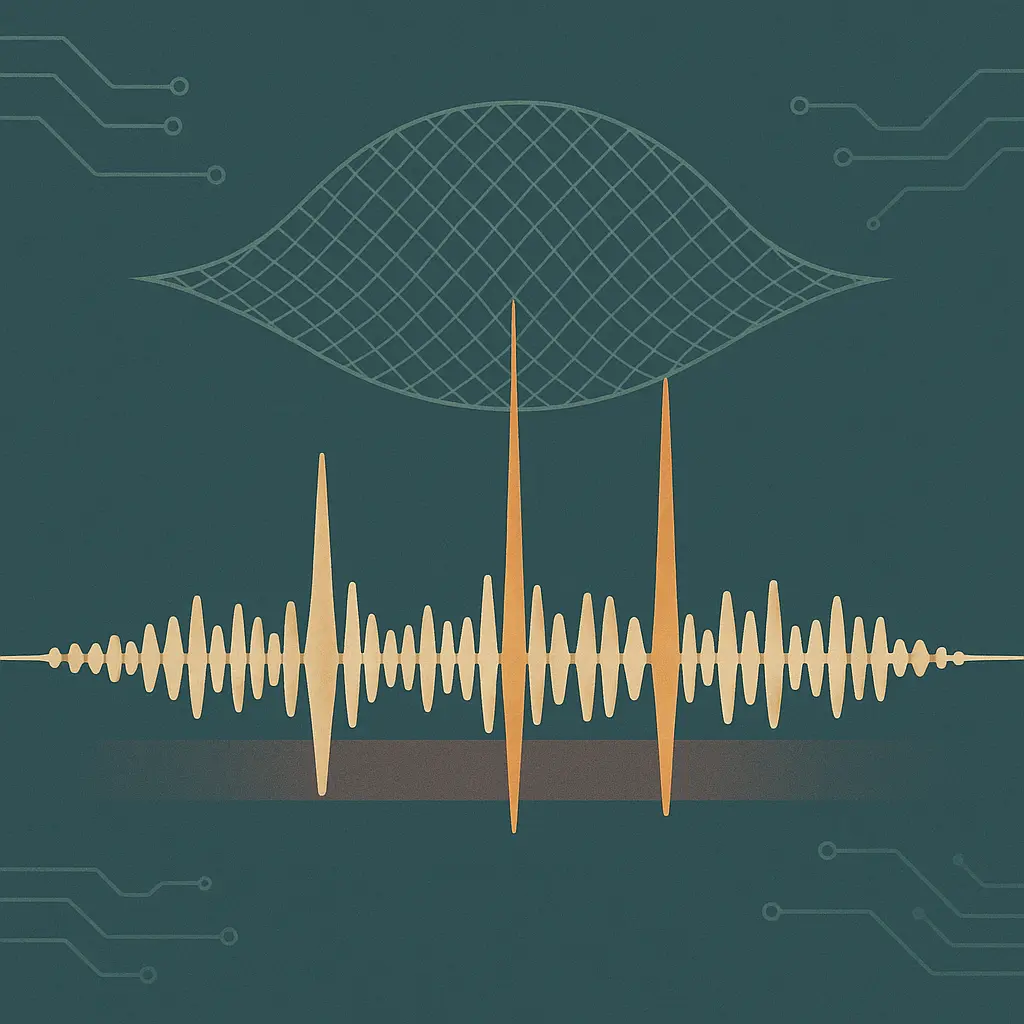 Abstract waveform with sparse tall amber spikes representing rare long-tail vocabulary terms being caught by a fine geometric mesh