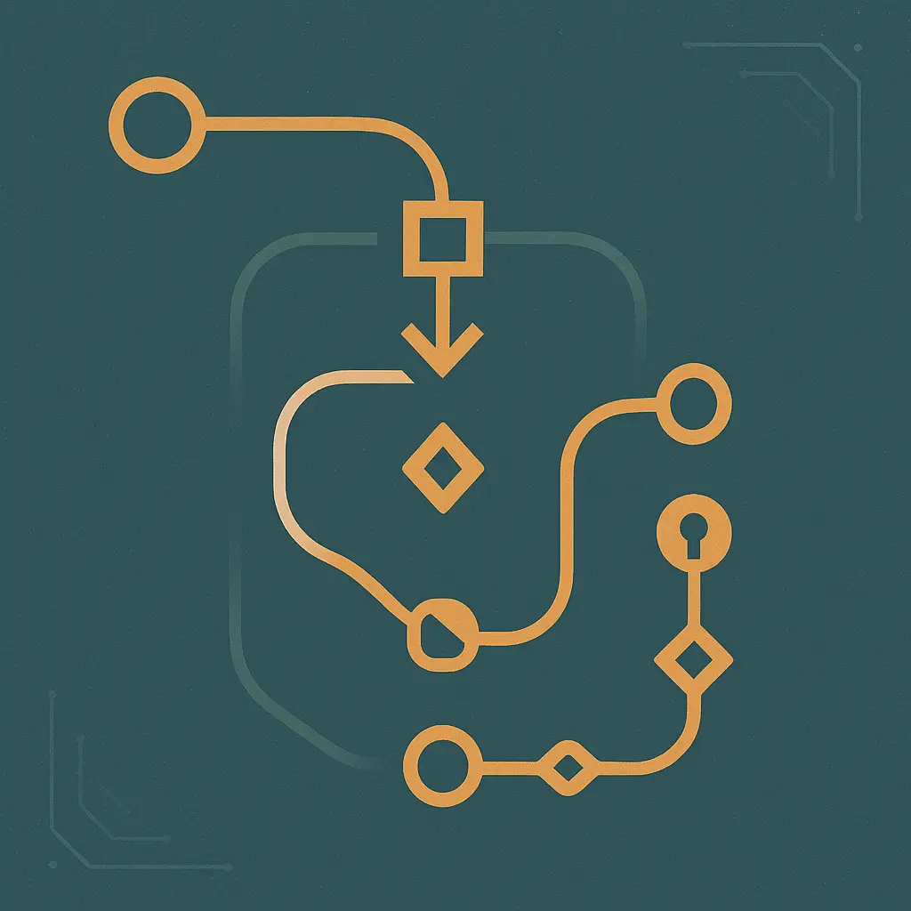 Stylized signal-flow diagram of a request passing through a sequence of abstract geometric gate shapes, with one path short-circuiting back early to represent a cache hit