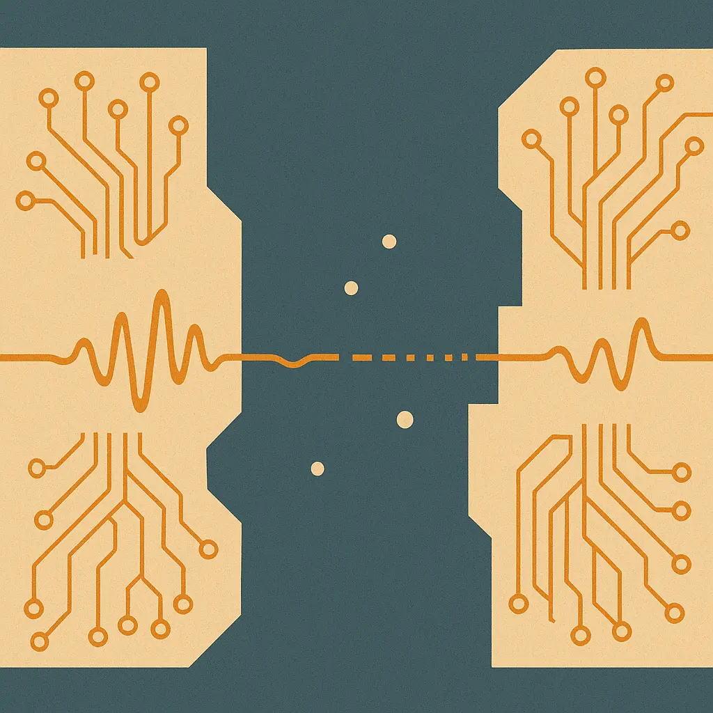 Two abstract geometric halves of a circuit-trace panel almost meeting, with a dashed gap between them where a waveform tries to cross