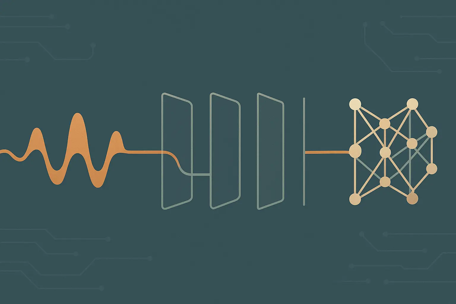 Abstract illustration of an audio waveform passing through a series of geometric gateway layers before reaching a speech model lattice