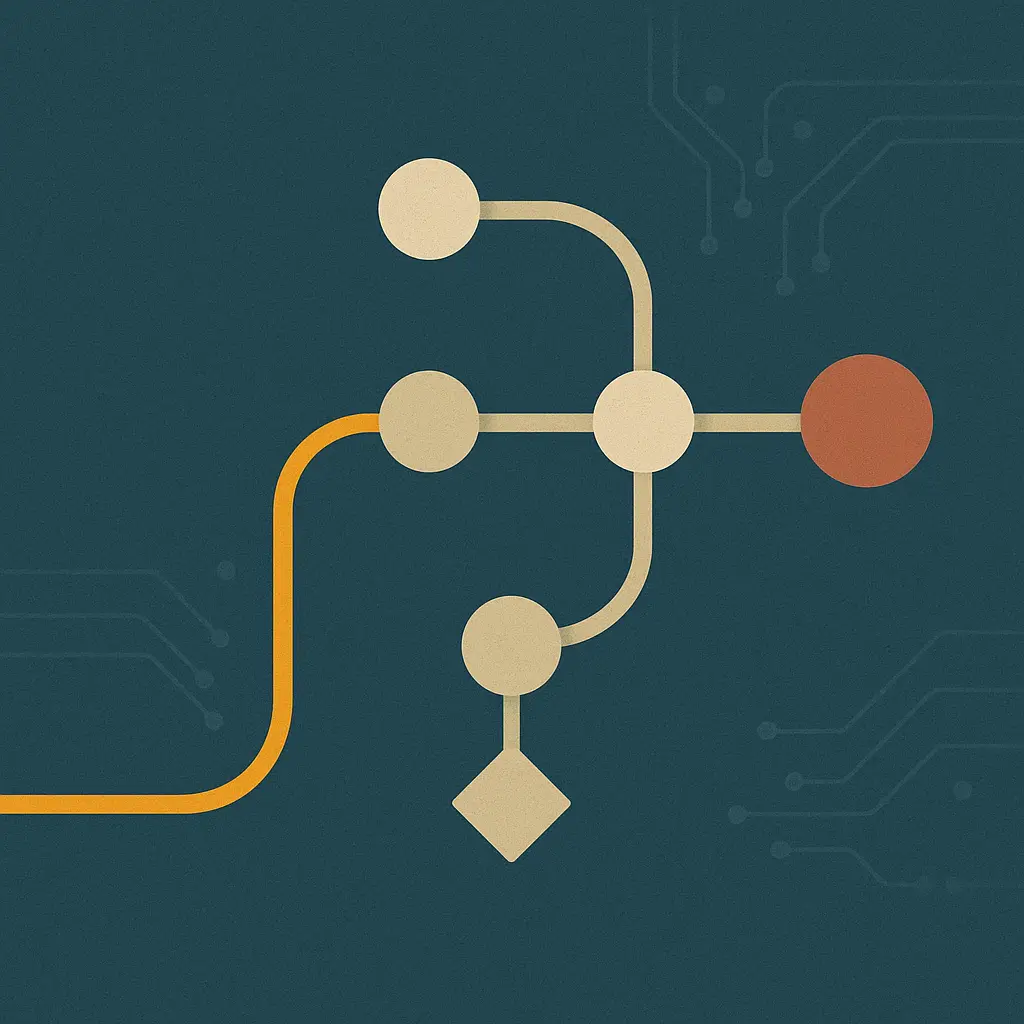 Turn-state machine rendered as an abstract signal path with branching and rejoining tracks