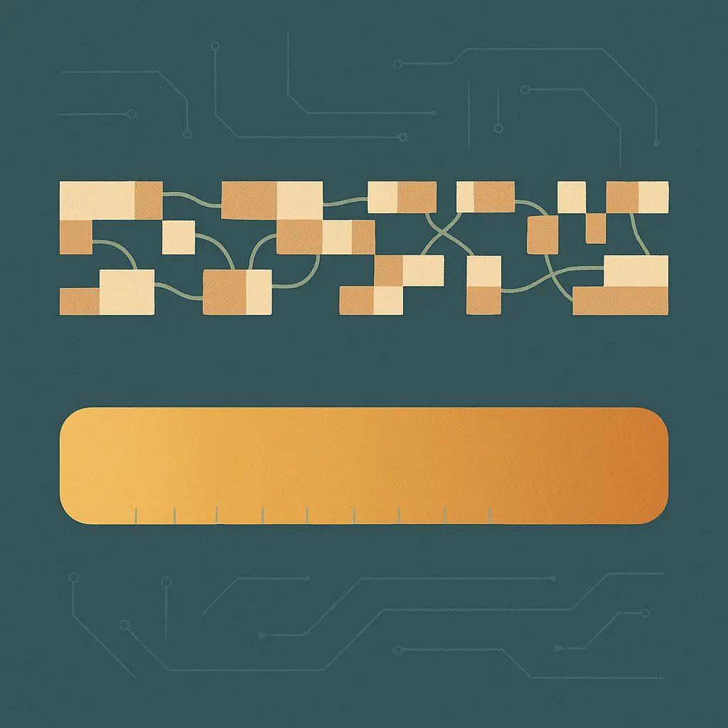 Two parallel signal paths, one fragmented into many small segments and one flowing as a continuous band, over a circuit-trace background