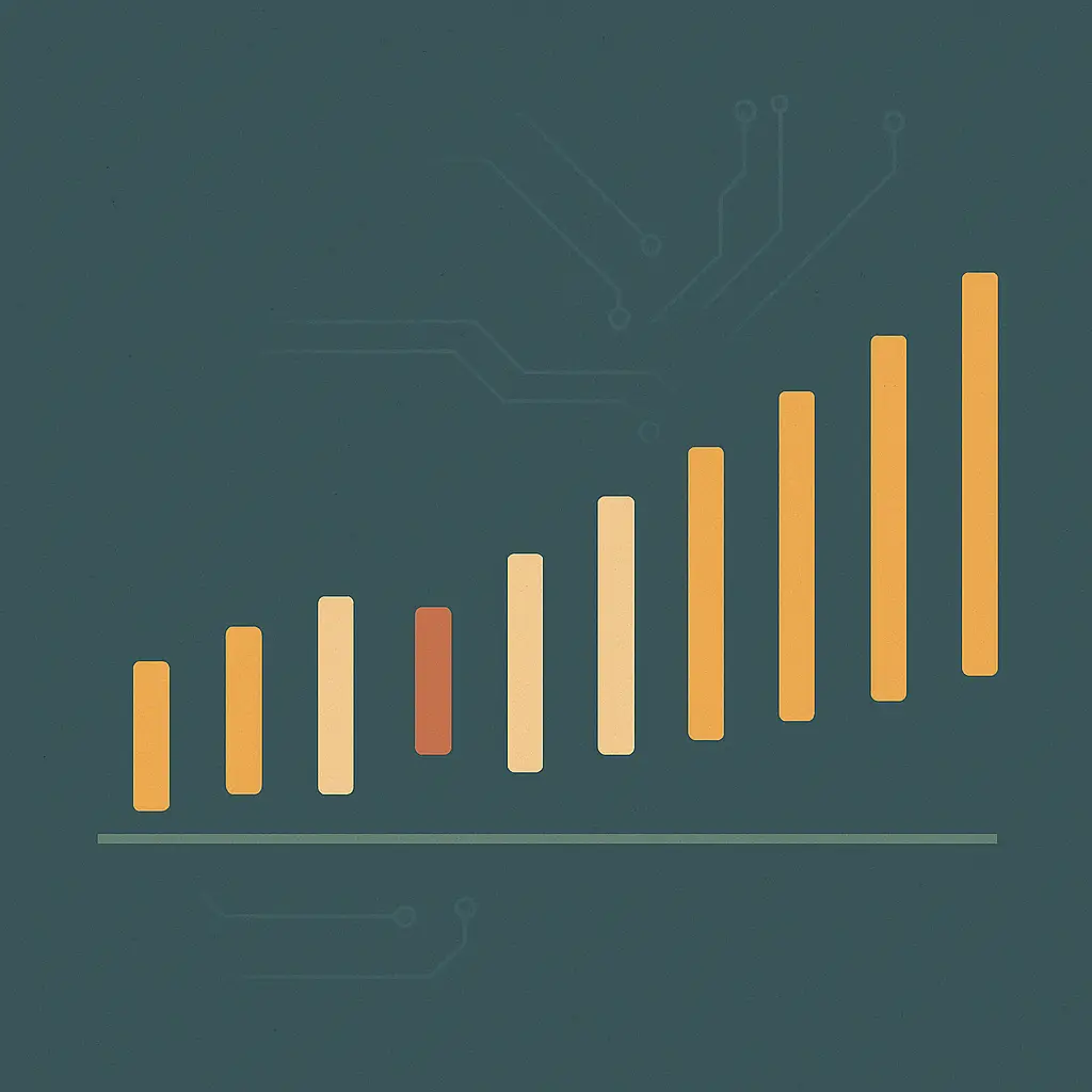 Abstract benchmark motif: staggered amber bars of varying spacing along a timing axis rendered as waveform pulses