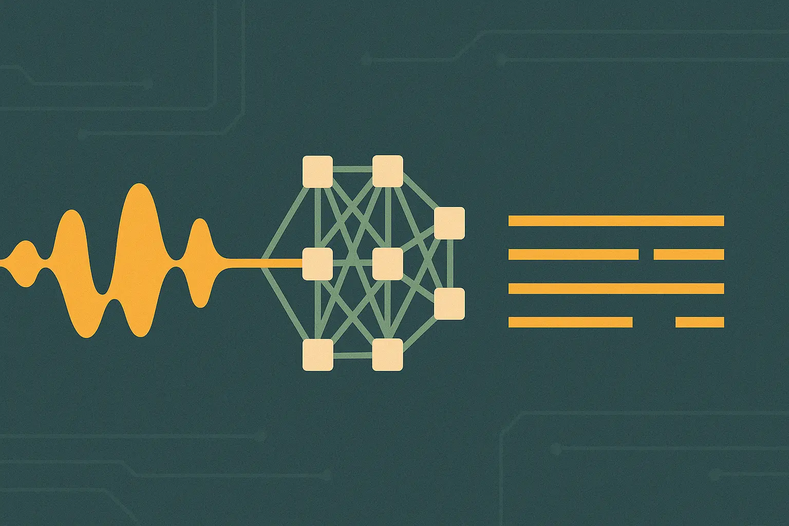 Abstract illustration of an audio waveform passing through a geometric lattice and splitting into discrete event paths, in slate-teal and amber