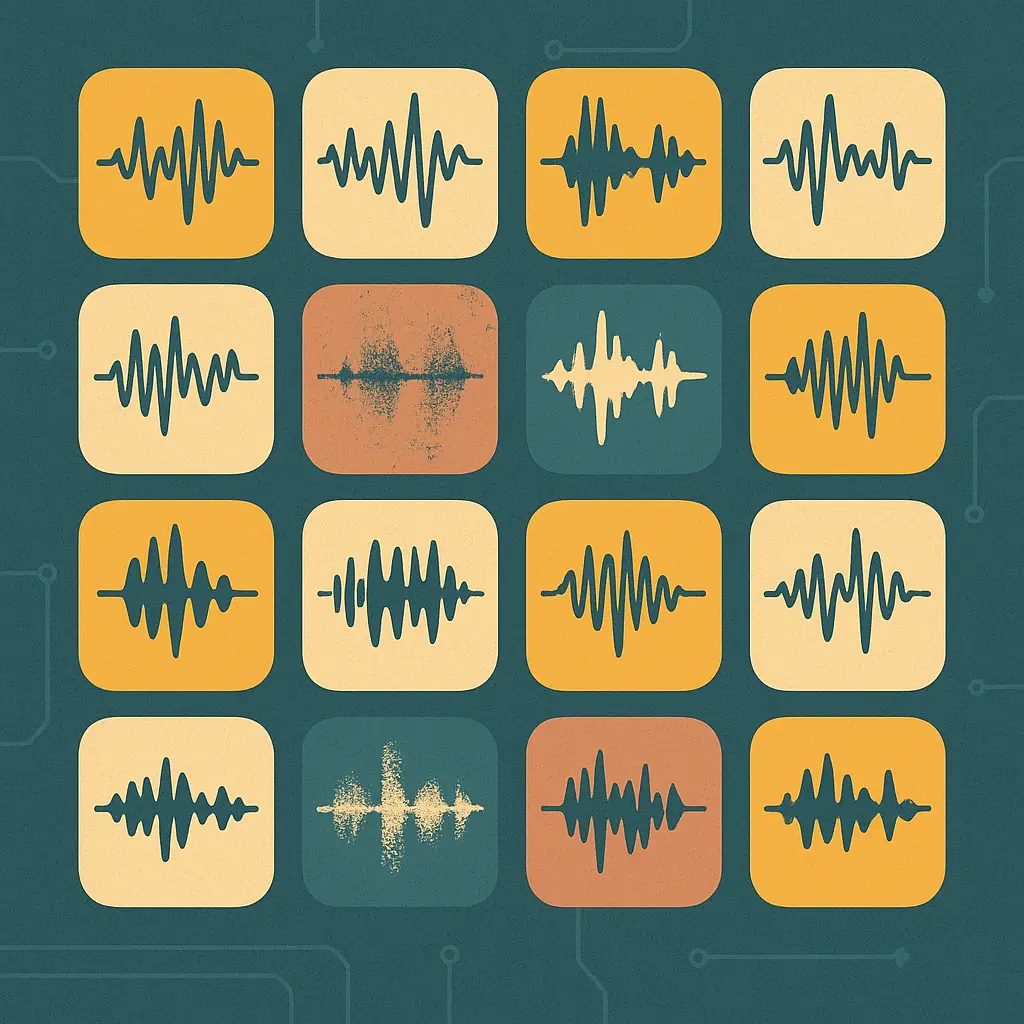 Grid of varied waveform tiles where most render crisply and a few fade into grain, suggesting uneven accuracy across languages