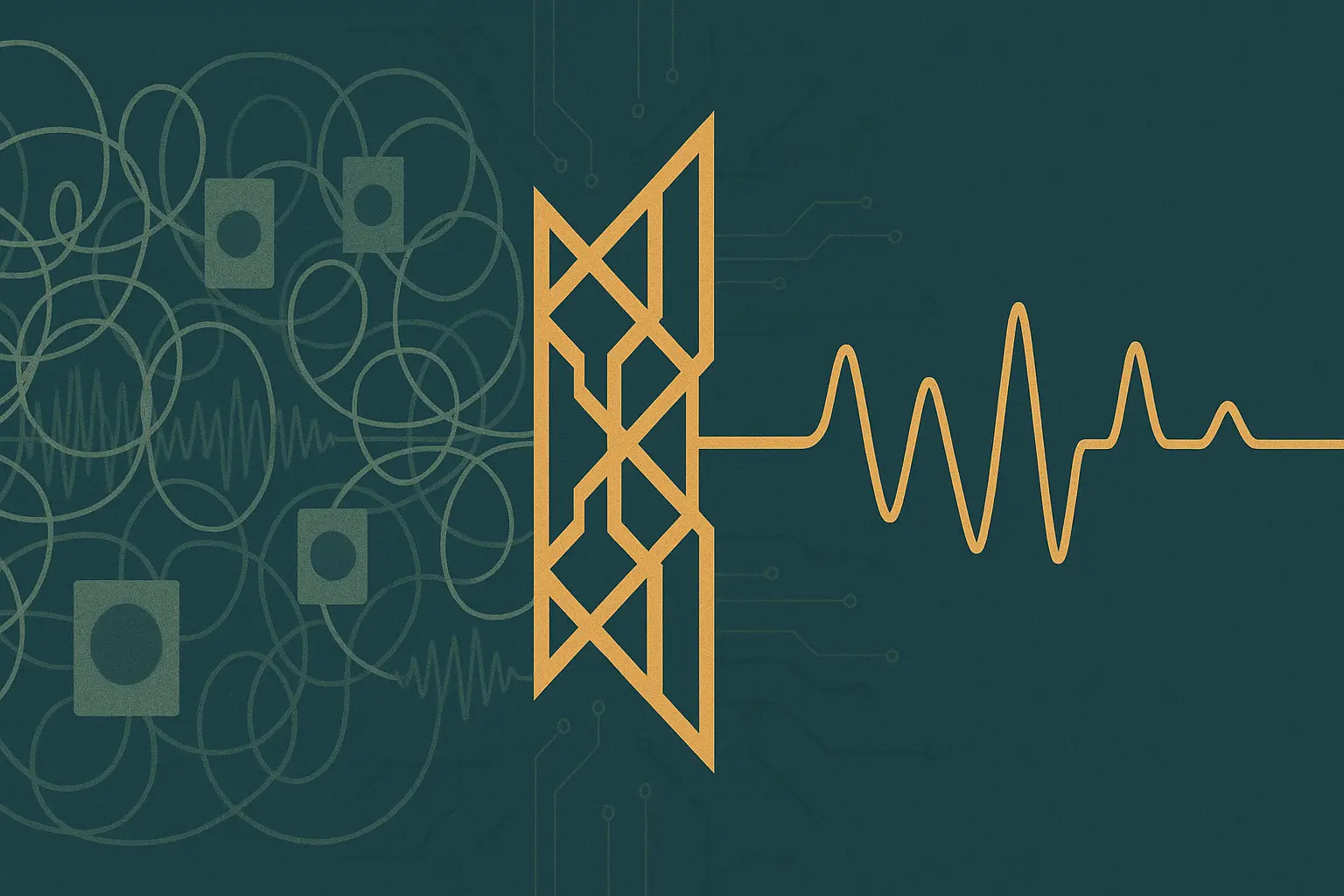 Abstract illustration of a clean audio waveform emerging from layers of noisy, tangled signal paths on a slate-teal background