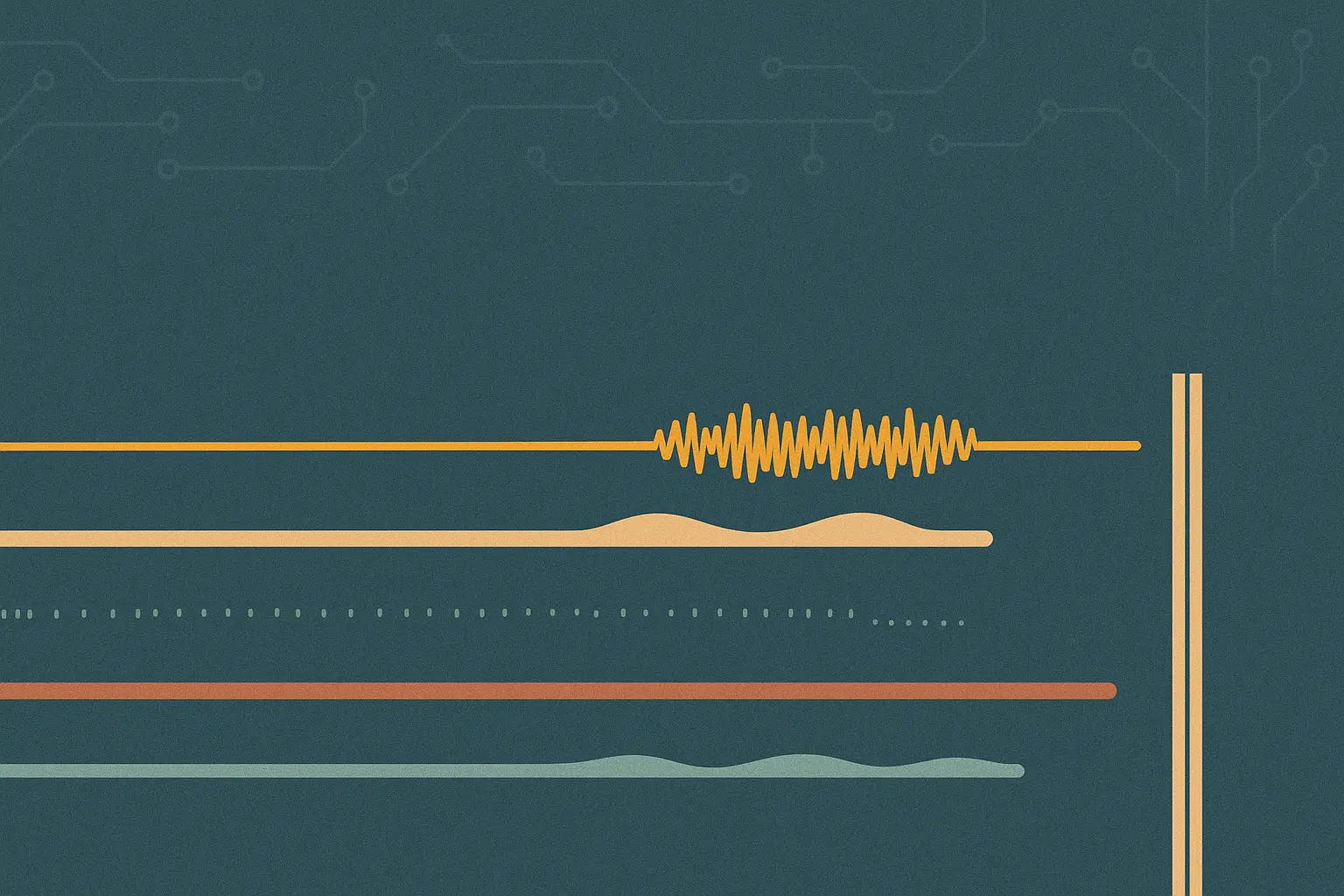 Abstract composition of several parallel waveform tracks racing toward a finish line of spaced amber bars, one track slightly ahead