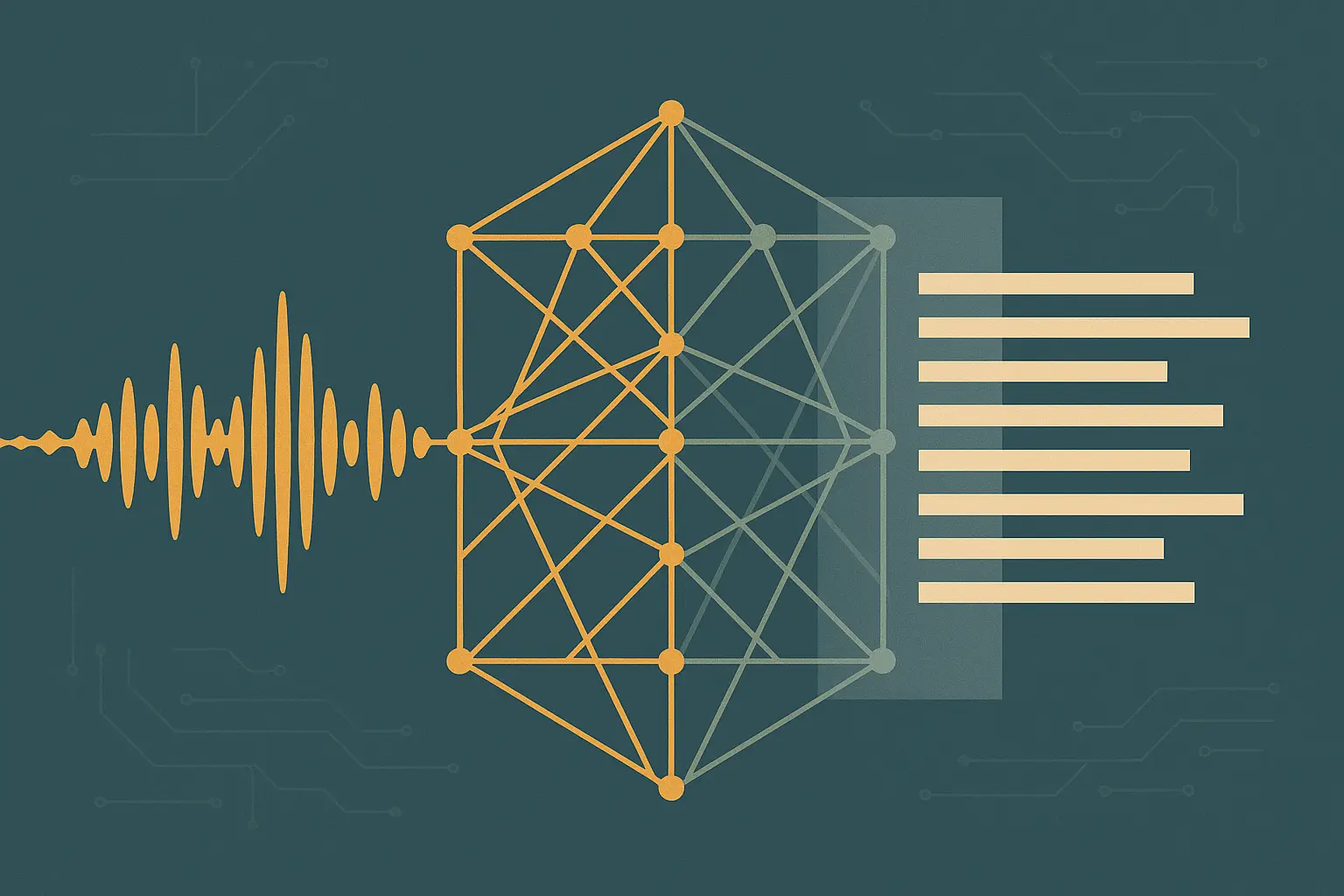Abstract illustration of an audio waveform flowing into a partially veiled geometric lattice, suggesting a precise transcription engine with hidden internals
