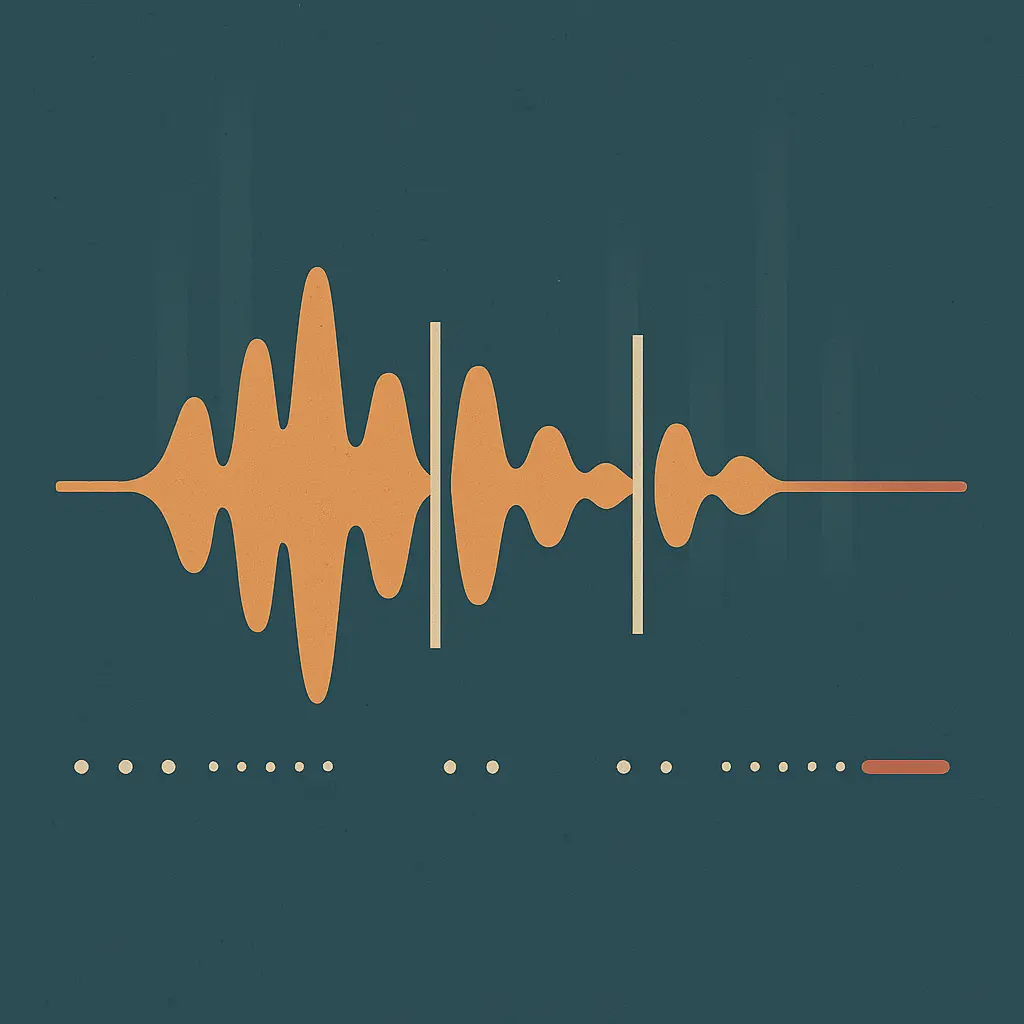 Abstract illustration of a live audio stream with timing gaps and cut points marked along a waveform, representing endpointing sensitivity and streaming session limits
