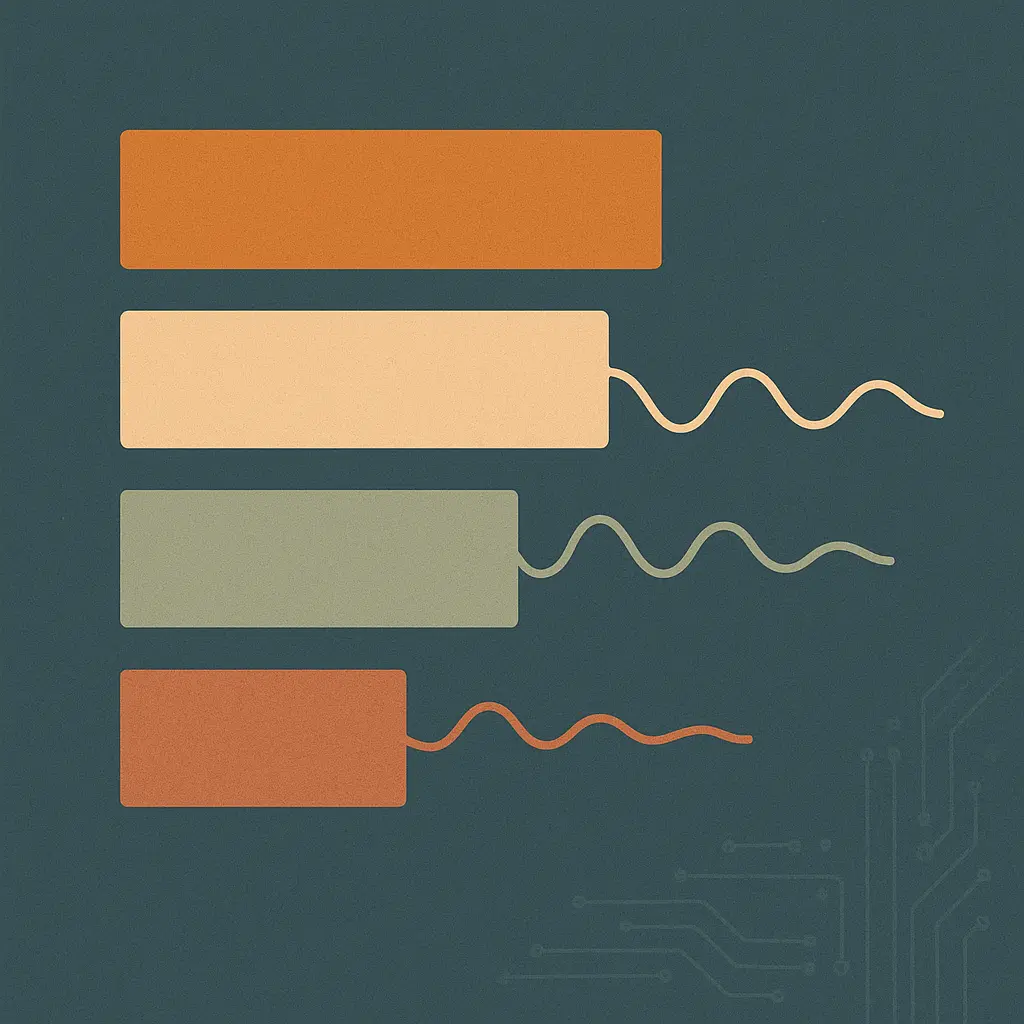 Abstract illustration of stacked horizontal bars in amber and sand descending in size against a slate-teal field, evoking volume-tiered pricing and cost scale