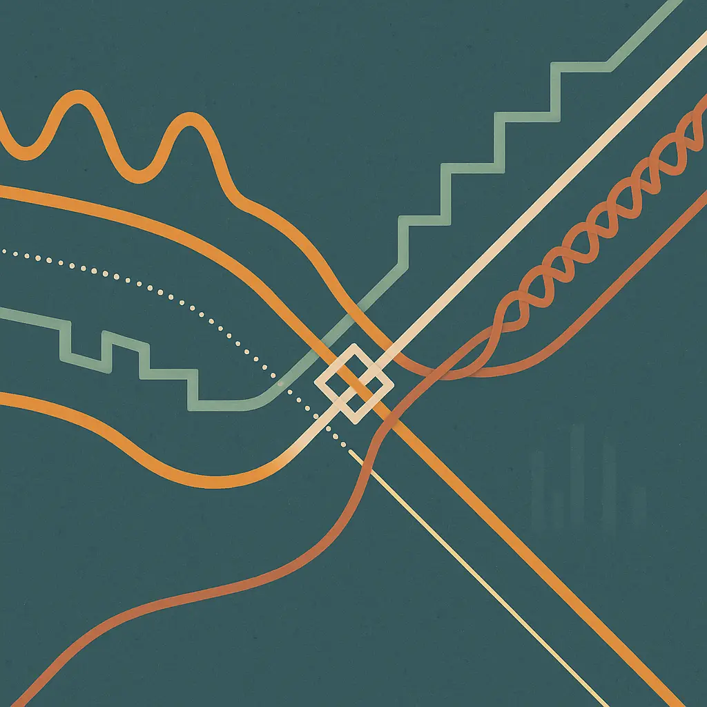 Abstract illustration of five distinct signal paths of different textures converging toward and diverging from a central waveform node, representing competing speech AI platforms occupying different lanes
