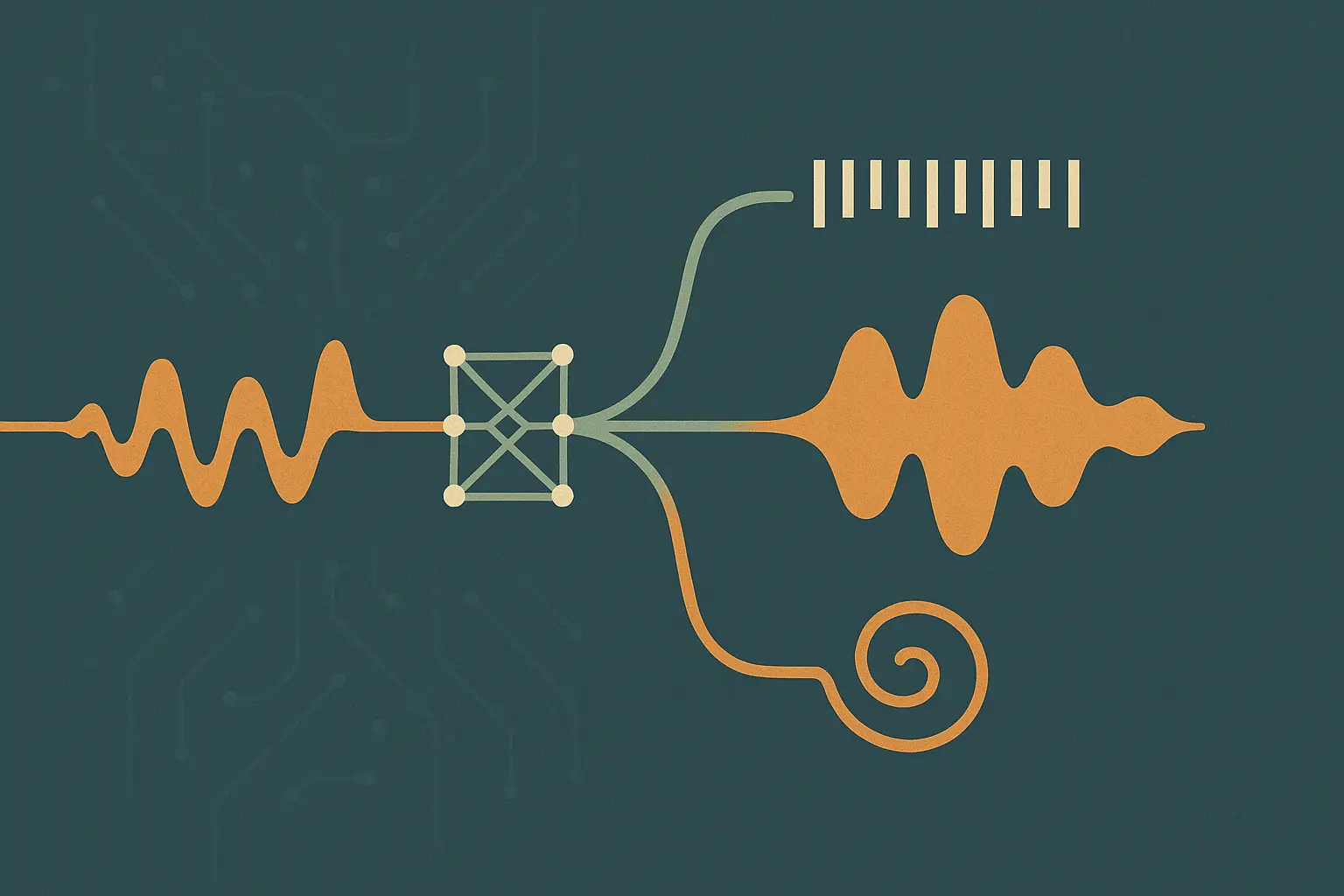 Abstract illustration of three branching signal paths emerging from a single waveform, representing Chirp 3's split into transcription, HD voices, and voice cloning