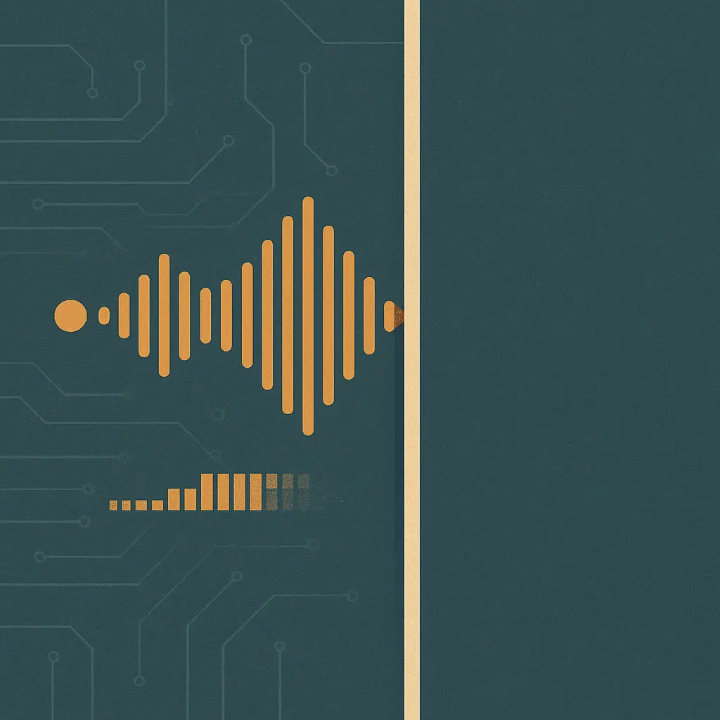 Diagram-style illustration of a single utterance waveform being clipped at the moment of silence, rendered as an amber wave segment cut cleanly against a teal background