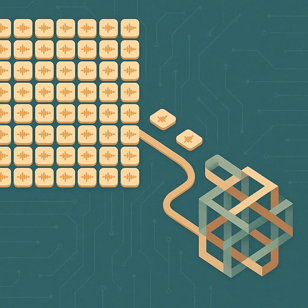 Abstract grid of many small identical waveform tiles flowing along a conveyor-like signal path into a single processing lattice, in slate-teal with amber accents