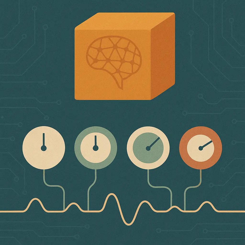 Minimal composition of four distinct abstract control dials and one solid geometric block, contrasting tunable controls against a fixed model choice, in muted sage, clay and amber on deep teal
