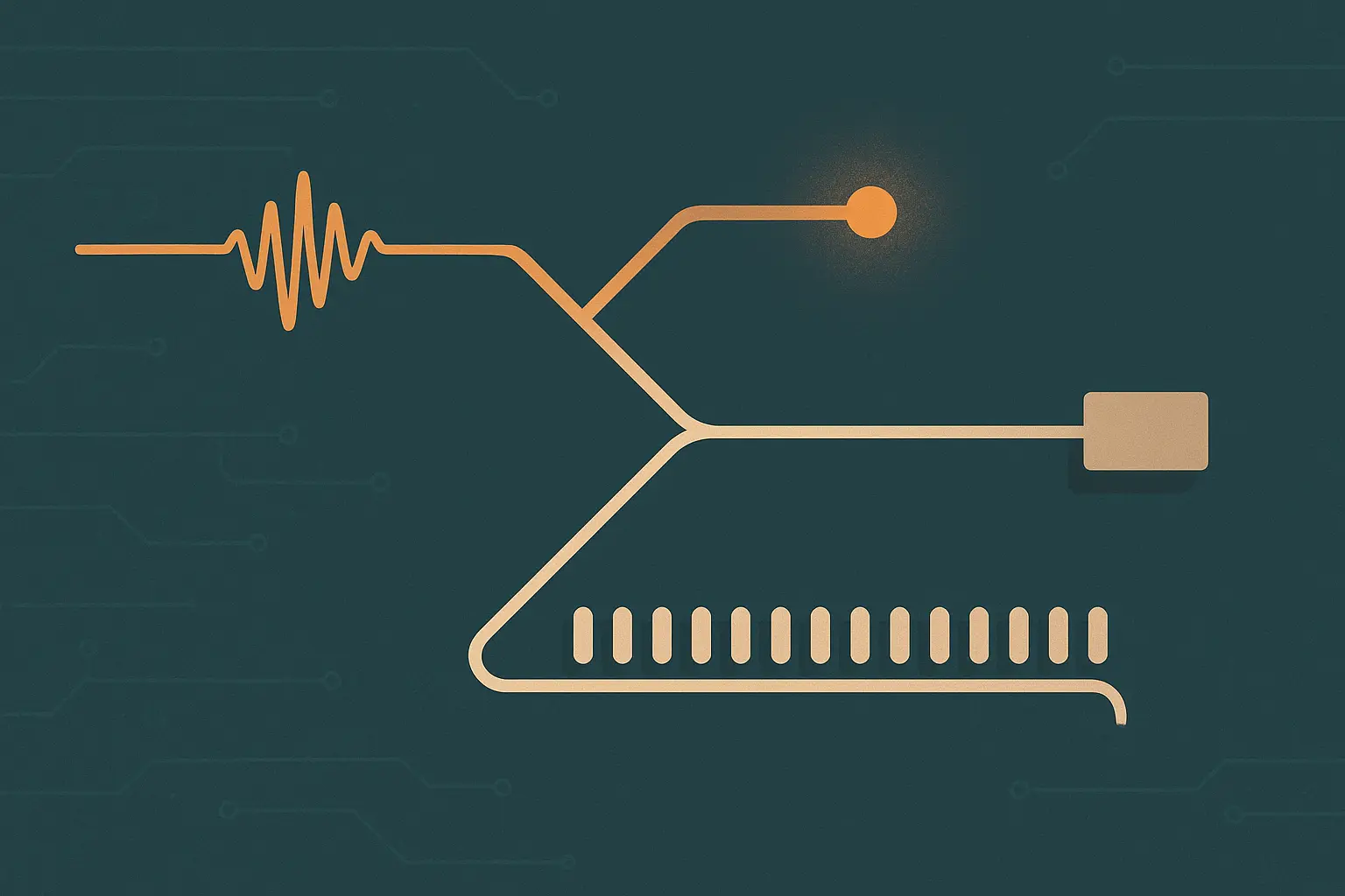 Abstract illustration of two diverging signal paths, one short and immediate, one queued into a long batch, over a slate-teal field