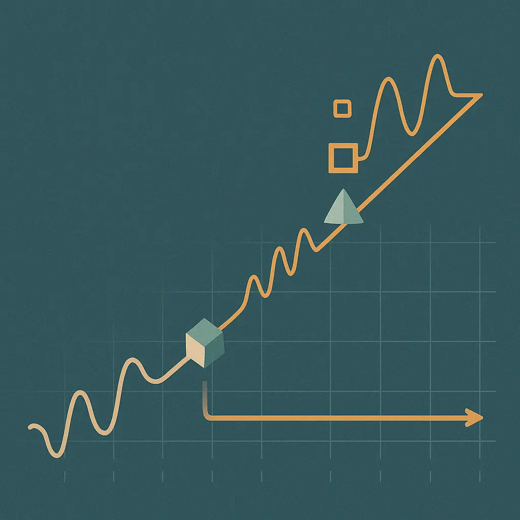 Abstract cost-and-accuracy tradeoff shown as two diverging signal paths across a measured grid