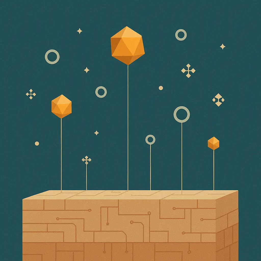 A quiet foundational layer supporting brighter constellation-like model nodes above it