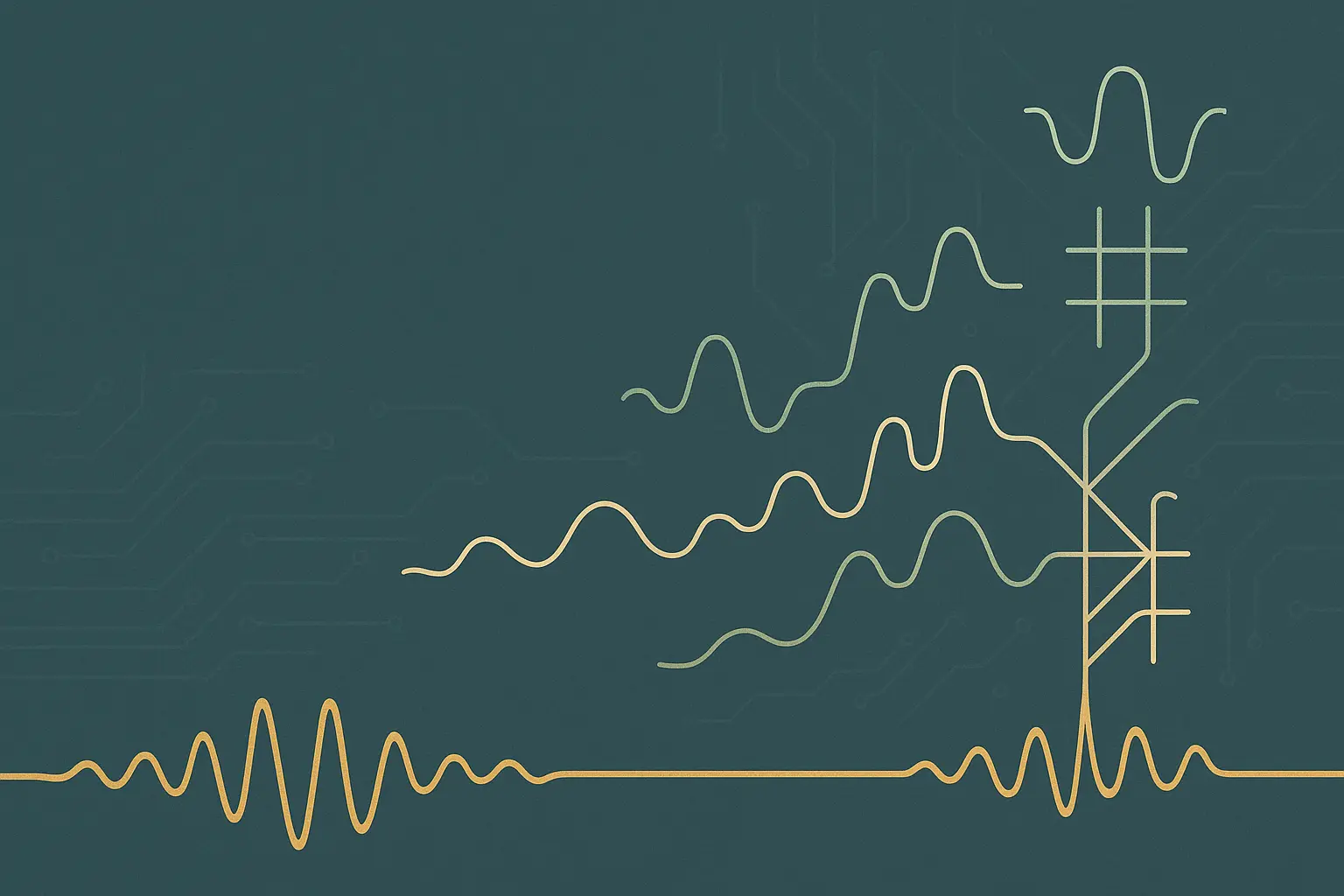Abstract illustration of a single steady waveform baseline running beneath a lattice of newer, branching signal paths