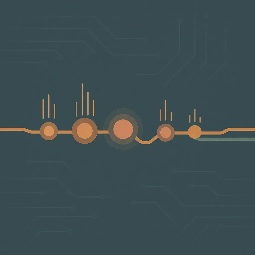 Timeline rendered as an abstract horizontal signal path with amber milestone nodes spaced along a slate-teal band