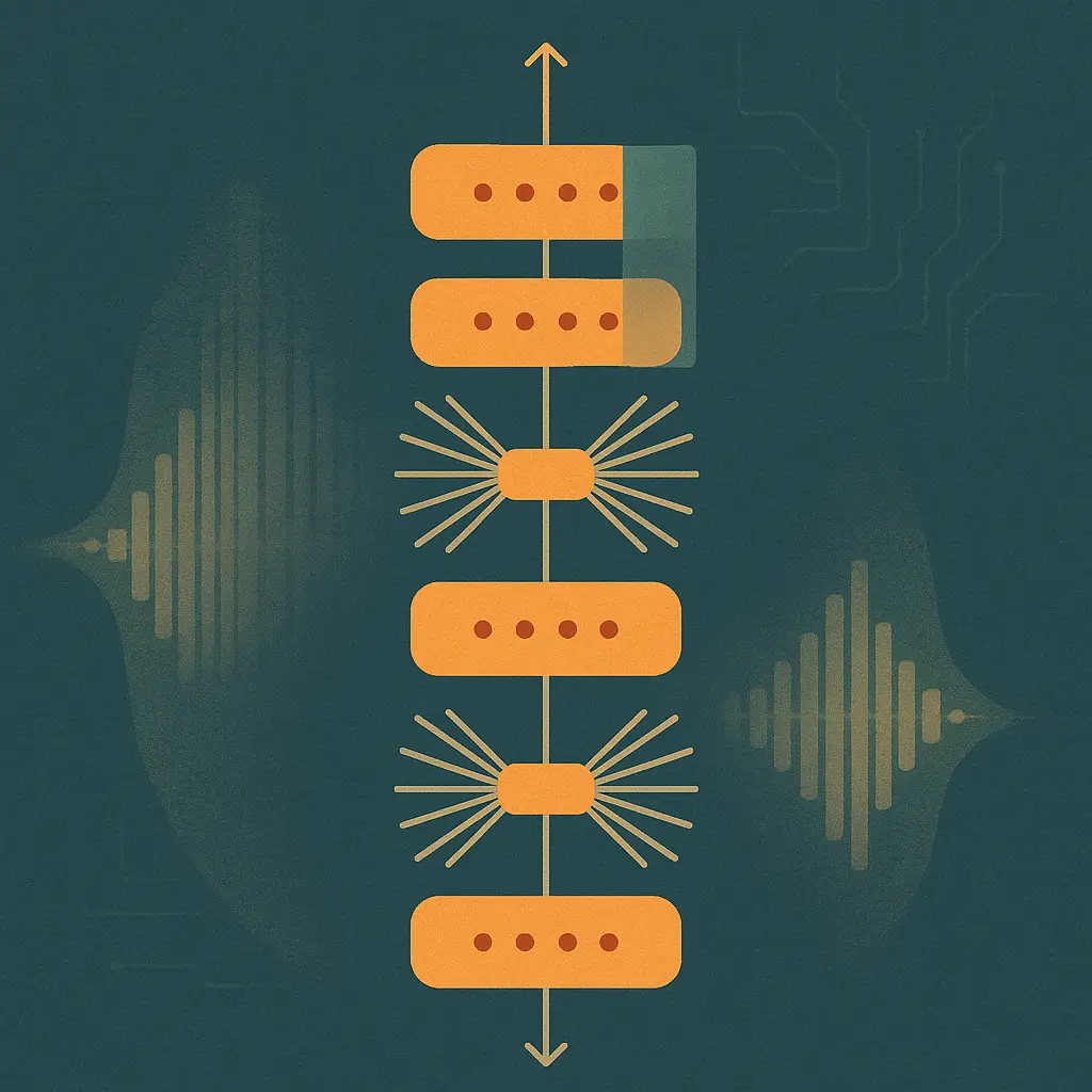Abstract geometric lattice of stacked convolution and attention blocks in amber and sage on a deep slate-teal background, representing the Conformer architecture
