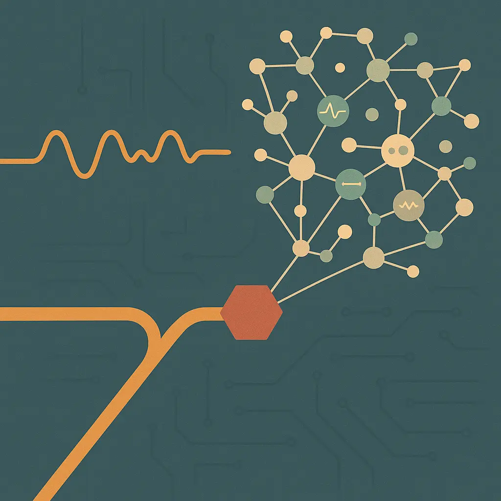 Two abstract signal paths diverging across a slate-teal field, one continuing as a steady amber waveform and one branching into a wider multilingual lattice of sage nodes