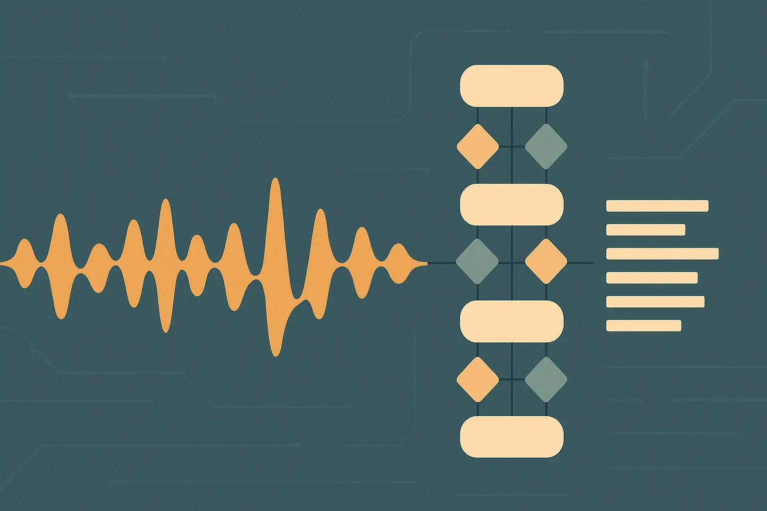 Abstract flat vector illustration of a long audio waveform flowing across a slate-teal field into a geometric Conformer-style lattice, with amber signal paths marking transcription output