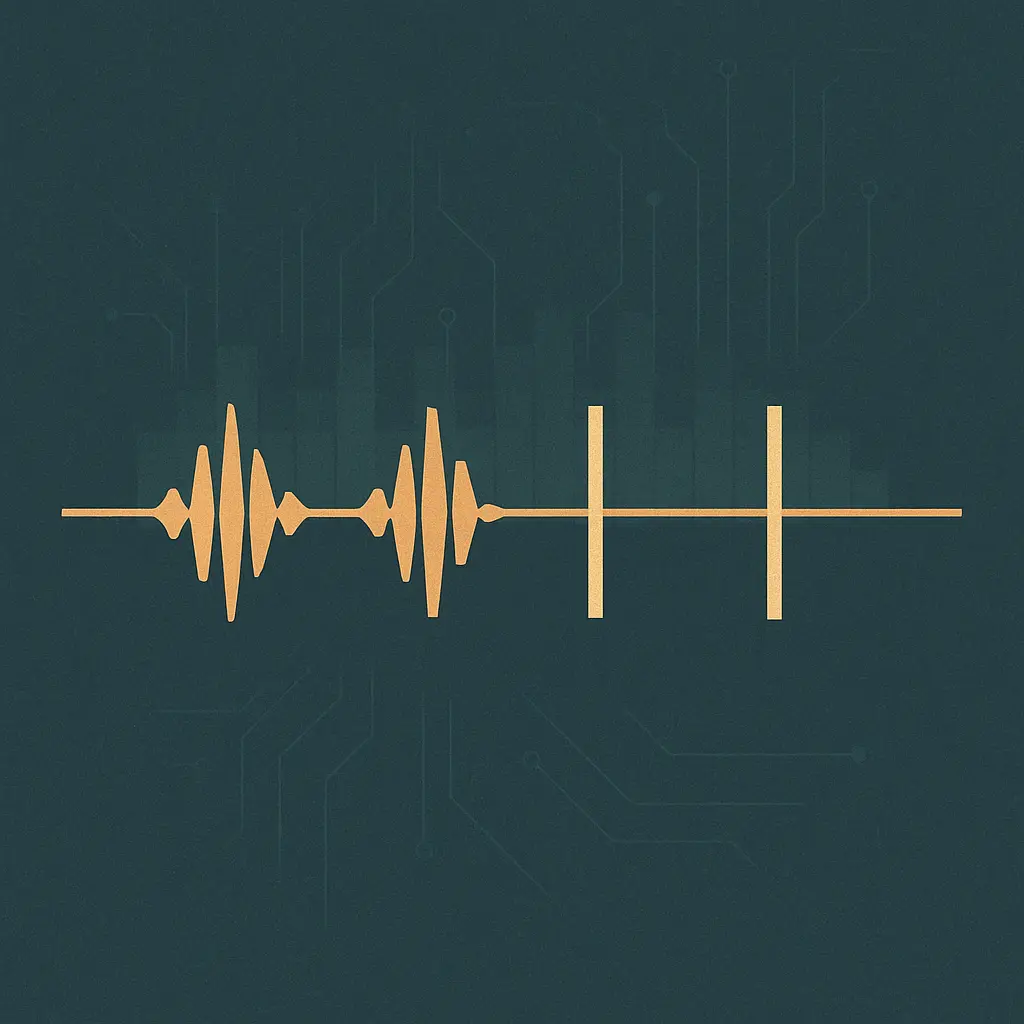 A cluster of short waveform bursts terminating cleanly at silence markers along a horizontal signal path