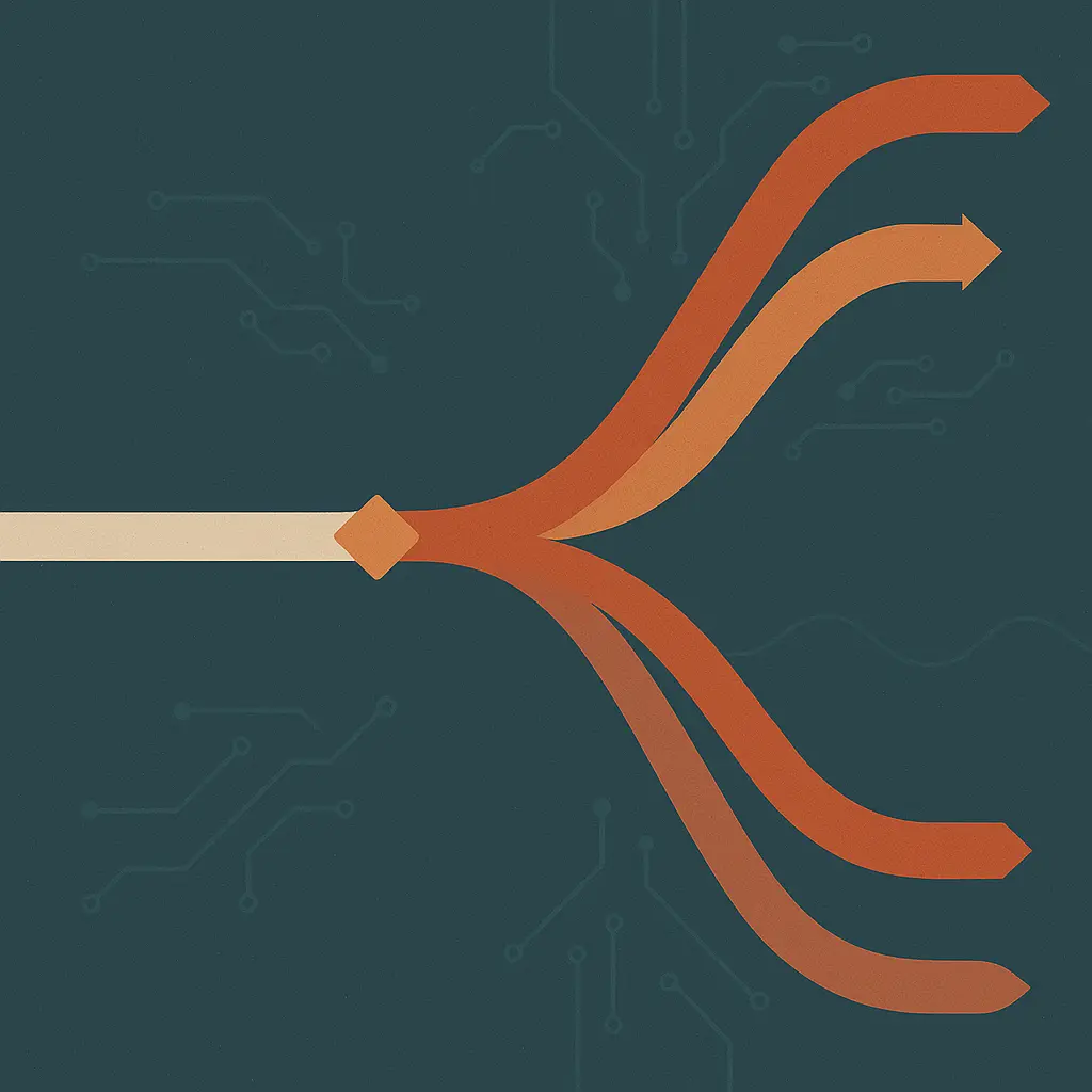 Diverging signal paths on a circuit-trace background, one older path fading as several newer amber paths branch forward