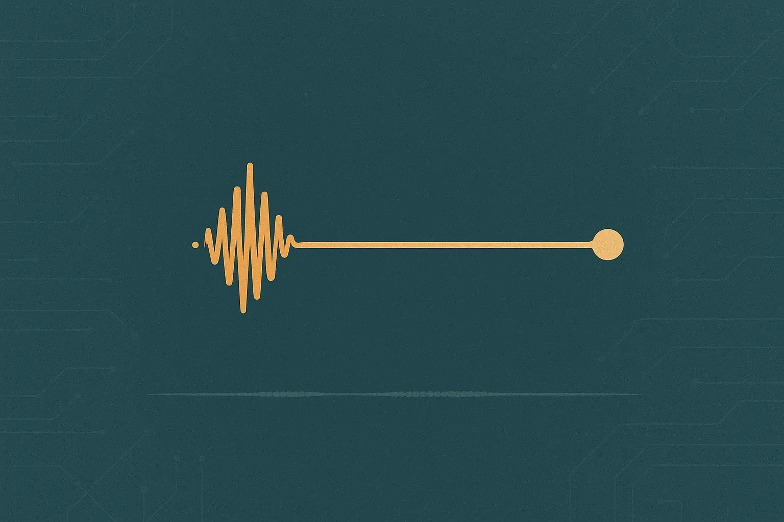 Abstract illustration of a short audio waveform burst resolving into a clean signal path against a slate-teal field, suggesting a brief voice command being recognized