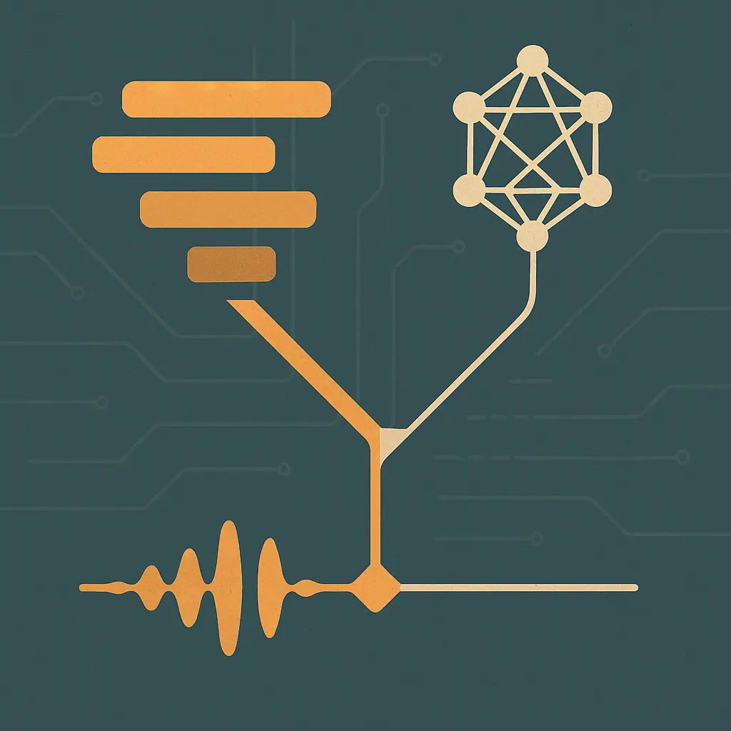 Two diverging signal paths splitting from a single audio waveform, one wide and one narrow, rendered as flat vector geometry in slate-teal and amber