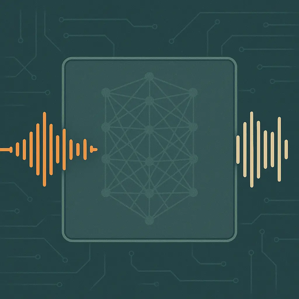 A geometric lattice partially hidden behind a translucent panel, with only the input waveform and output signal trace visible, flat vector style in slate-teal with amber accents