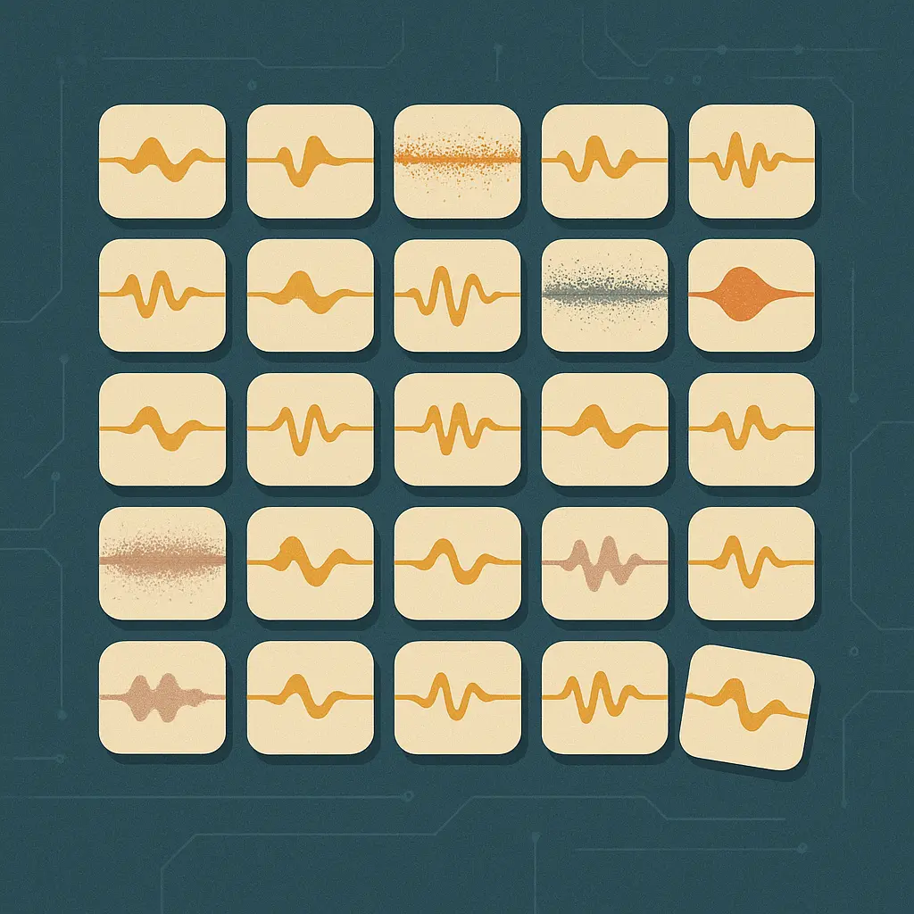 An array of small waveform tiles in varying states of distortion arranged in a grid, most rendered cleanly and a few fragmenting, flat vector style in slate-teal, sand, and muted clay