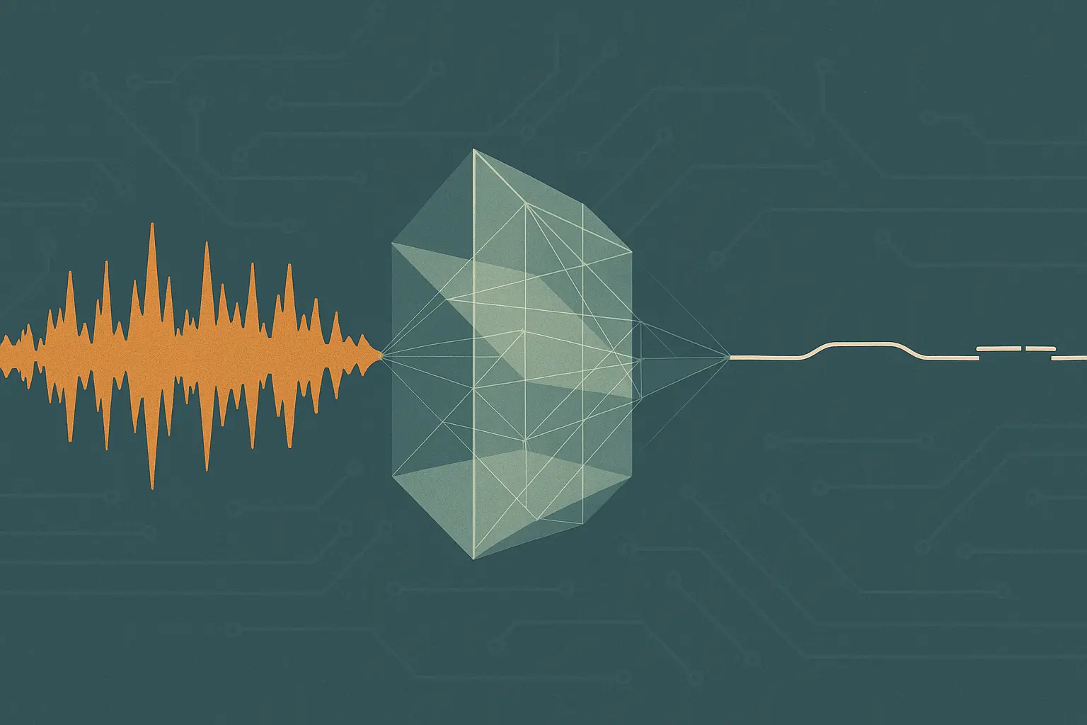 Abstract illustration of an audio waveform funneling into a geometric lattice that emits a clean signal path, in slate-teal and amber
