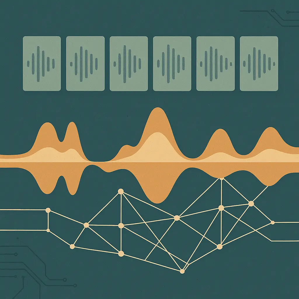 Stylized diagram of fixed 30-second audio blocks contrasted with variable-length semantic segments flowing through a processing lattice