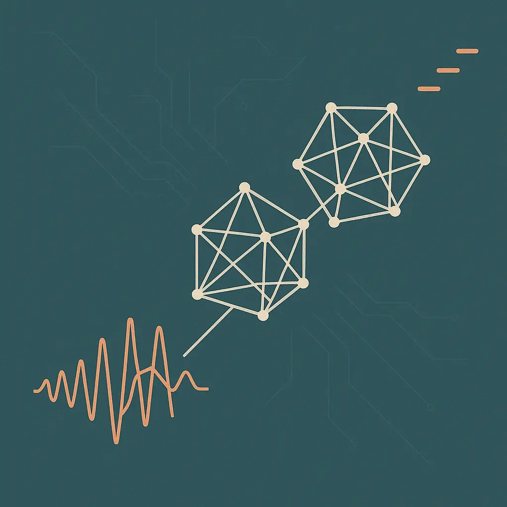 Abstract signal-flow illustration of a voice-agent pipeline, sound entering a lattice of processing nodes and emerging as an ordered stream