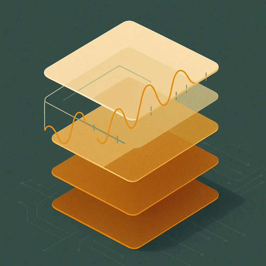 Minimal geometric composition of layered pricing tiers rendered as stacked translucent planes with a thin waveform threading through them