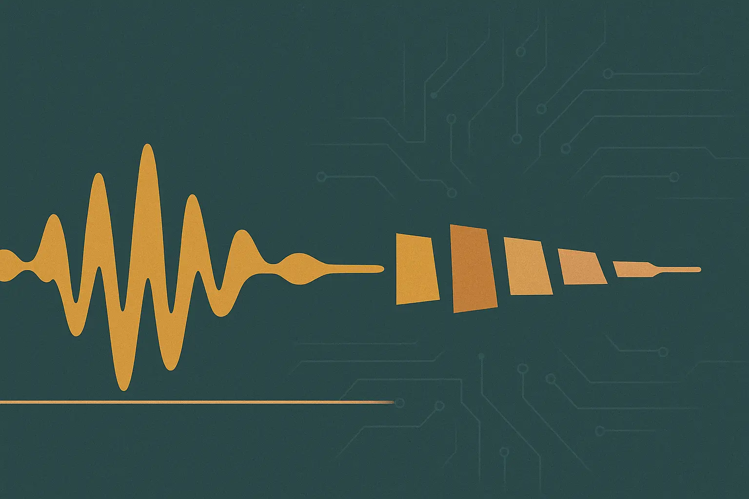 Abstract illustration of a continuous audio waveform being cut into variable-length segments along a signal path, in slate-teal and amber