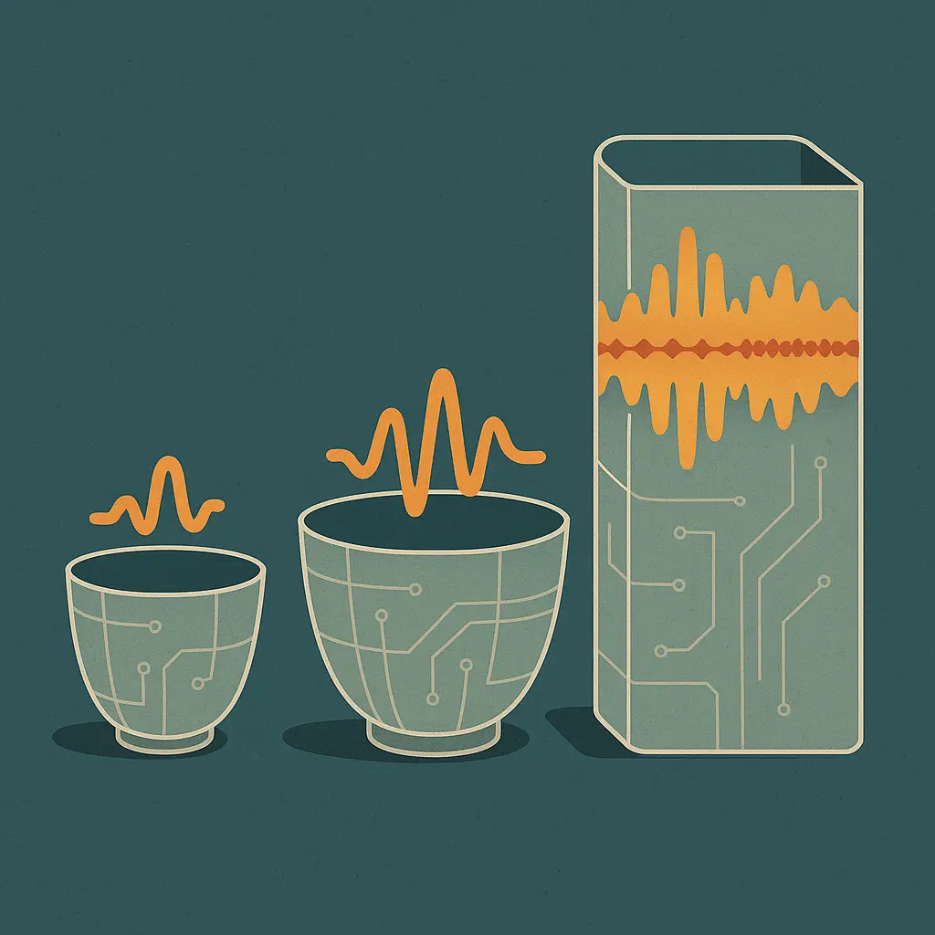 Three abstract geometric vessels of increasing size holding audio waveforms, illustrating the different file-size capacities of Azure's Whisper delivery paths